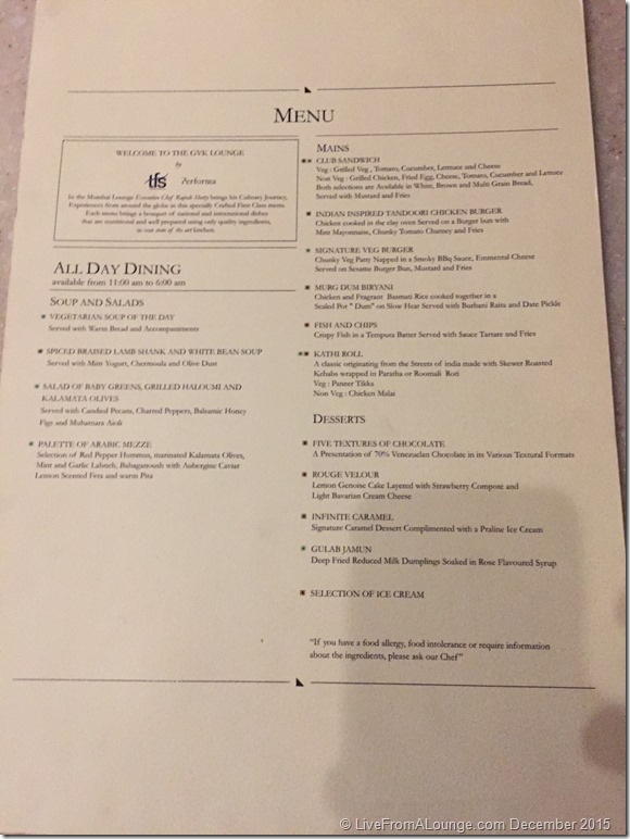 All-day Dining Menu, GVK Lounge, First Class