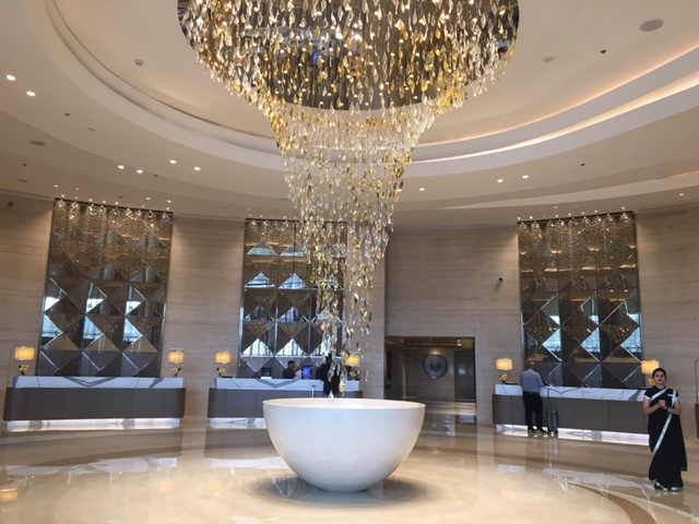 a large chandelier in a lobby