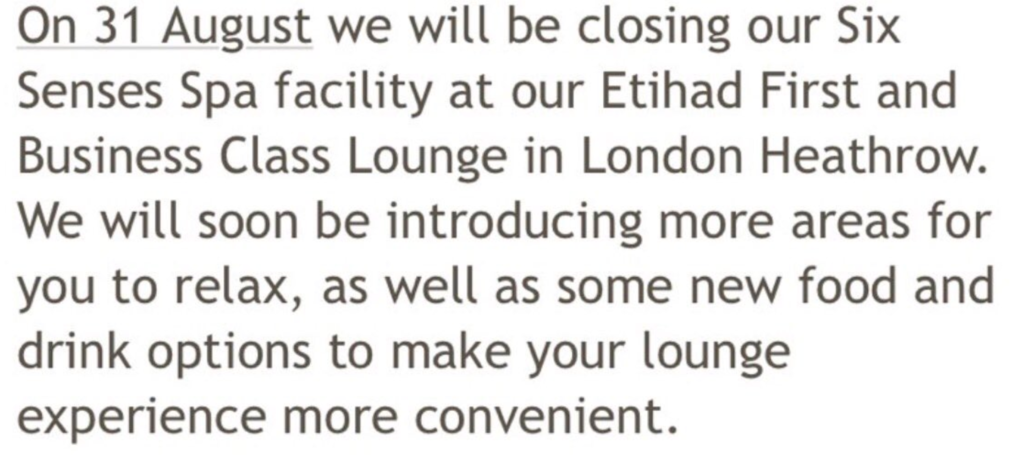 Etihad Six Senses Lounge Closure Notification