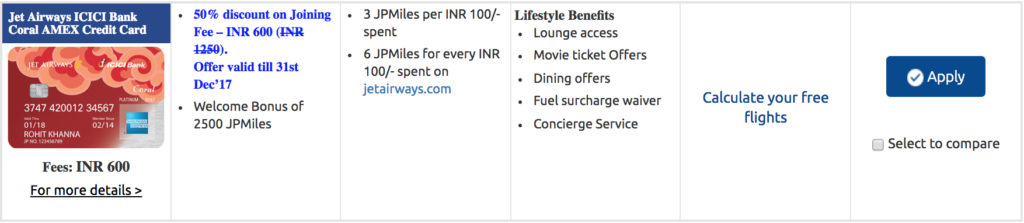 Jet Airways ICICI Bank Coral Amex Credit Card