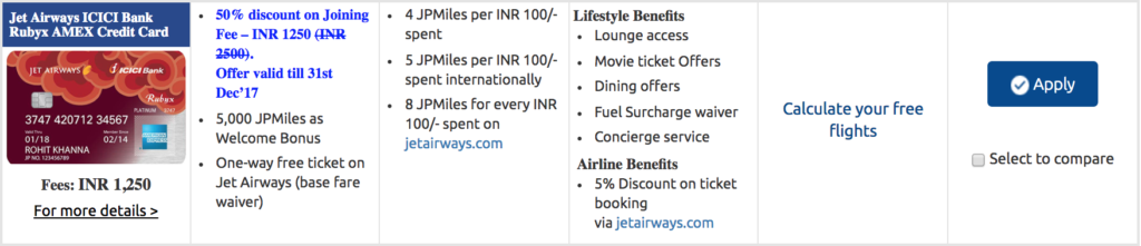 Jet Airways ICICI Bank Rubyx AMEX Credit Card