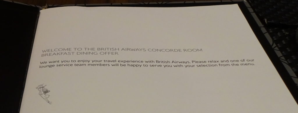 British Airways Concorde Room Breakfast Menu