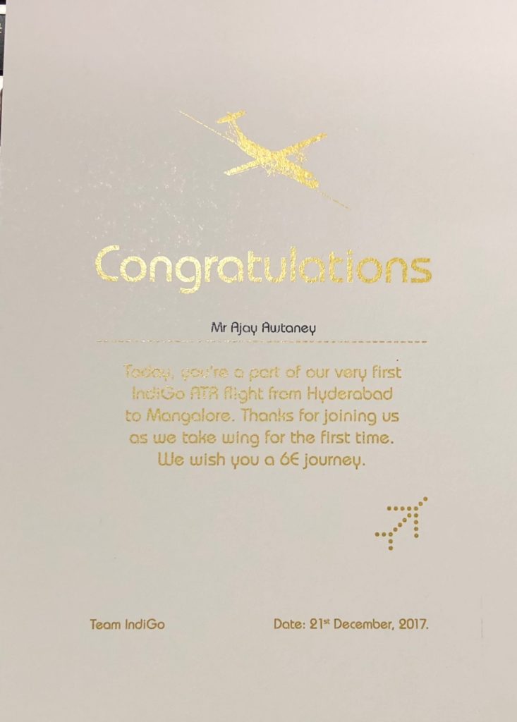 IndiGo ATR First Flight Certificate