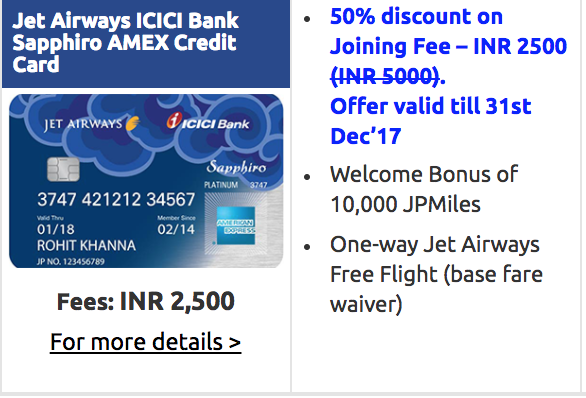 Jet Airways ICICI Bank Sapphiro Amex Credit Card