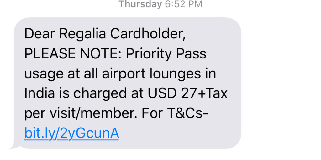 HDFC Regalia Lounge Access SMS