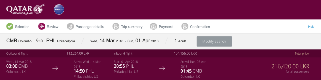 Qatar Airways Colombo to Philadelphia