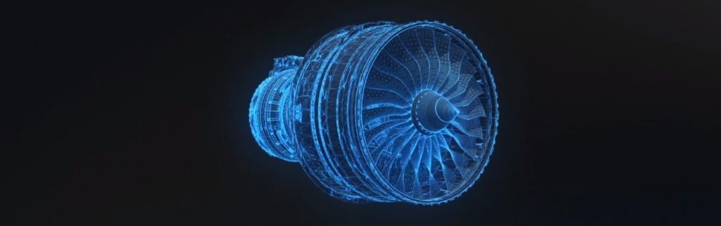 a blue wireframe of a jet engine