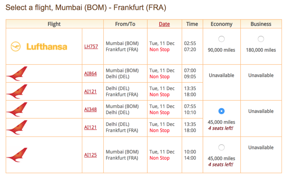 Air India Miles Chart