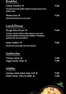 a menu with white text and black background