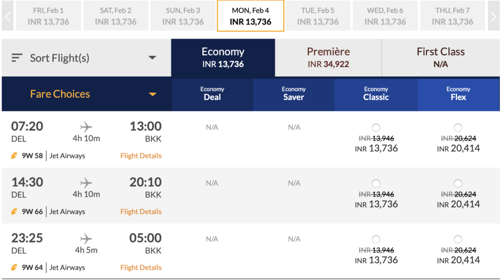 Jet Airways Delhi to Bangkok