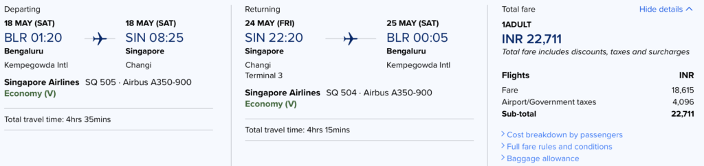 Singapore Airlines Bengaluru to Singapore Airlines A350 Economy class