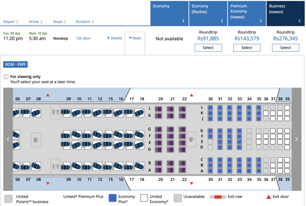 United Airlines Premium Economy Seat map Boeing 777-300ER