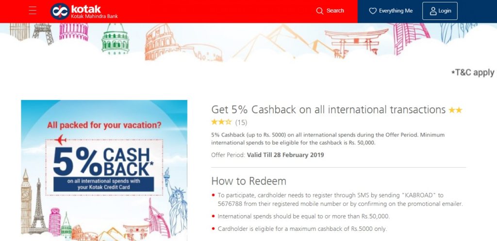 Kotak's Cashback promotion on international transactions