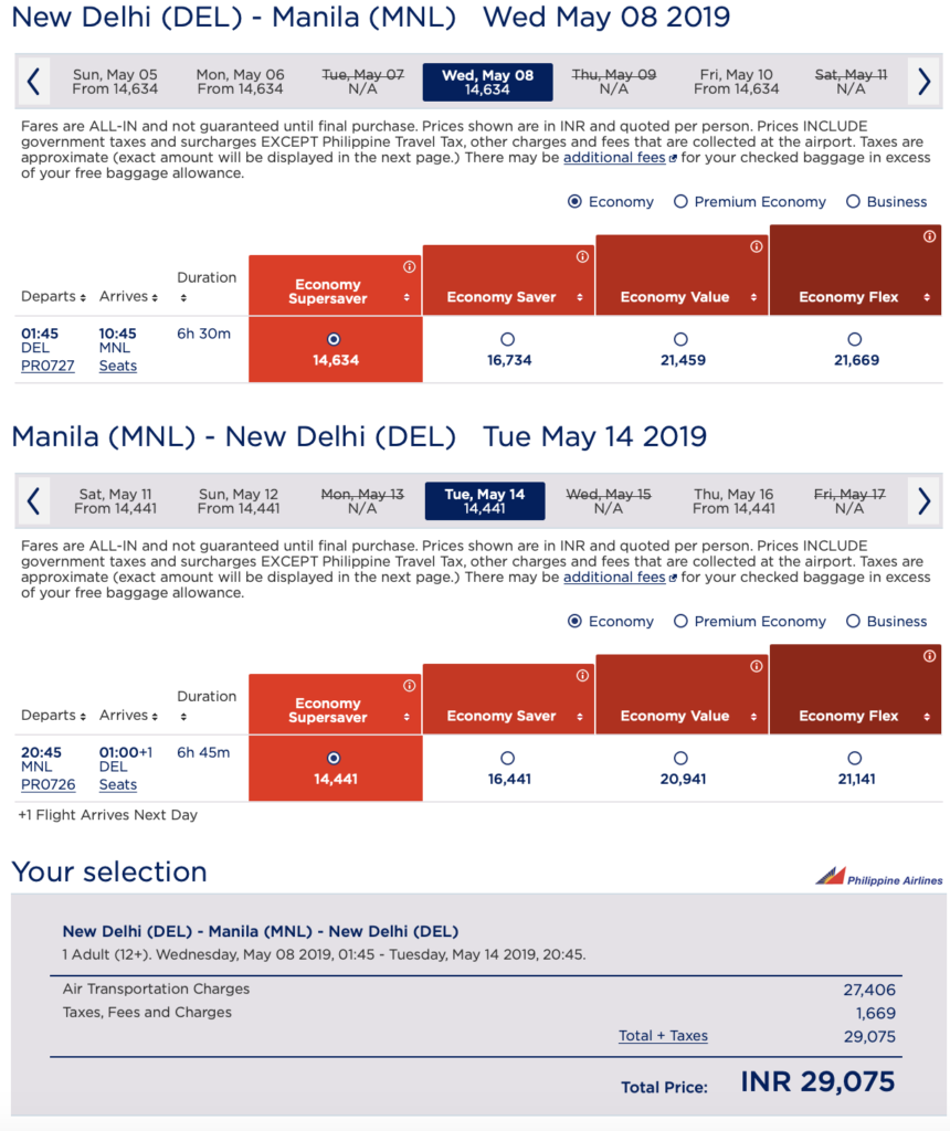 Philippine Airlines Manila to New Delhi