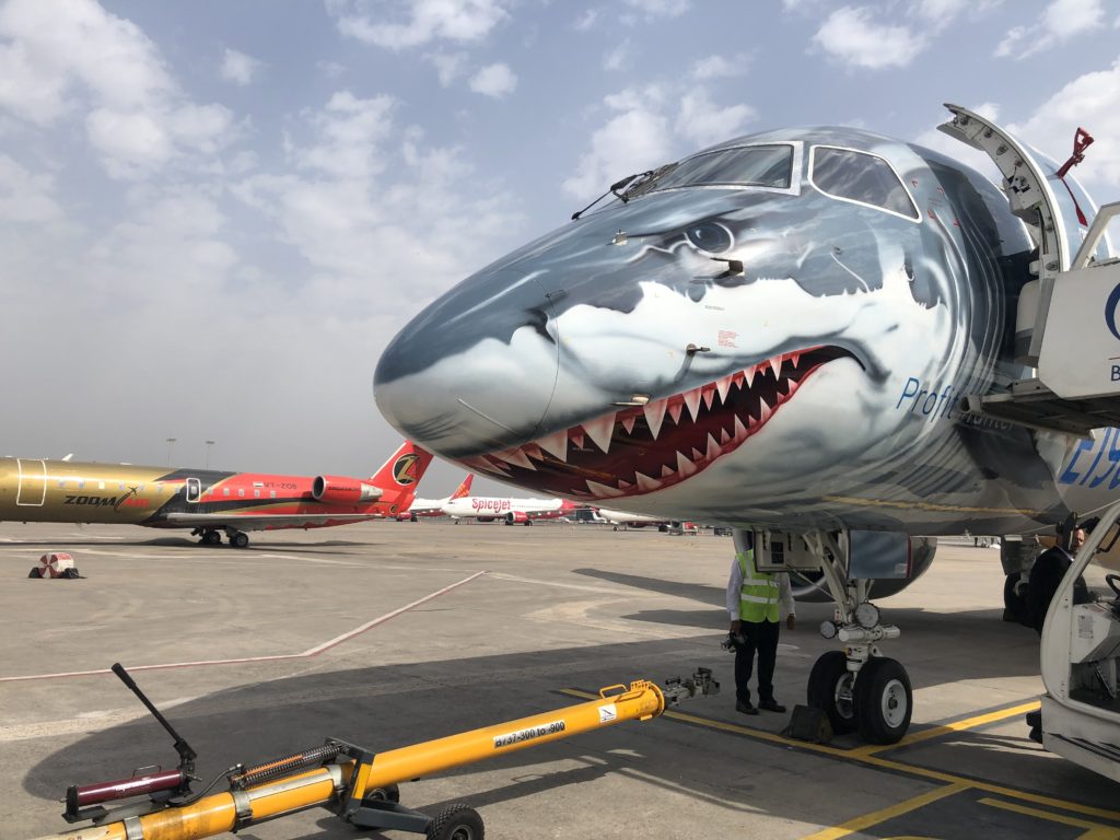 a plane with a shark face painted on it