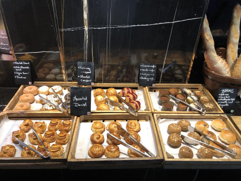 a display of pastries in a bakery
