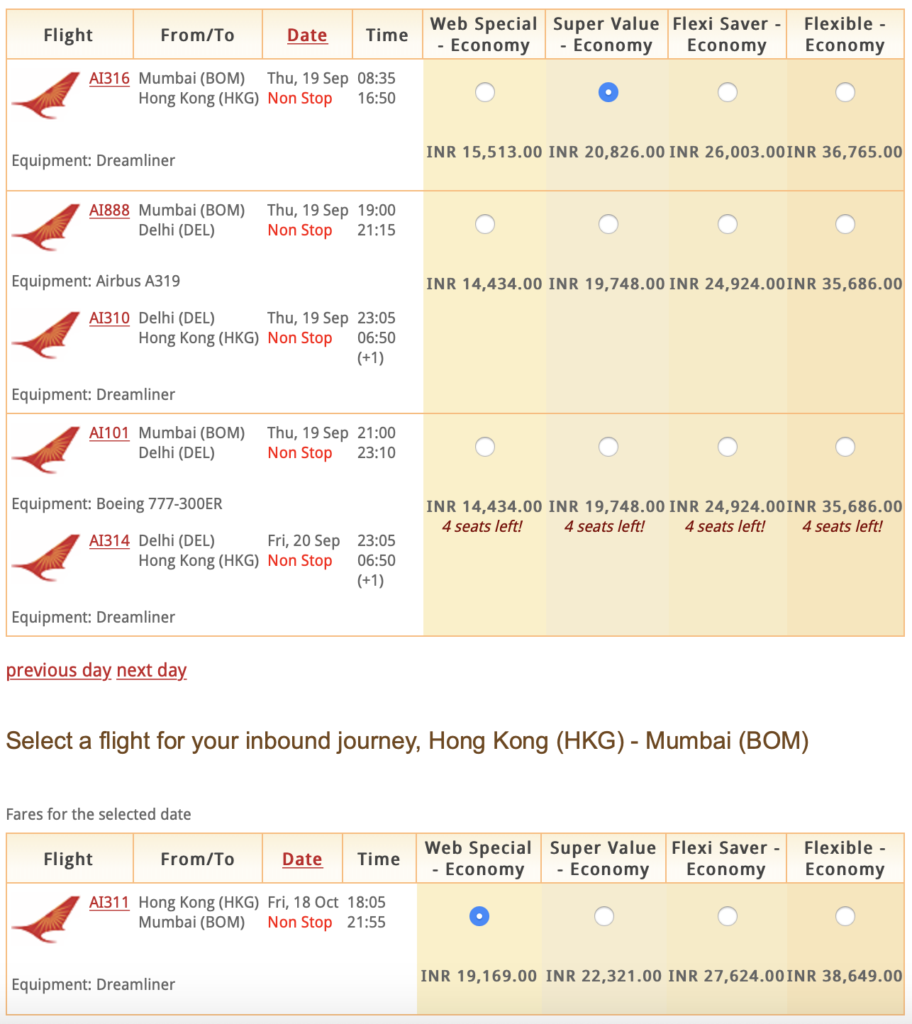 Air India mumbai to hong kong