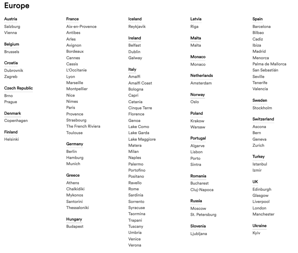 a table of names of countries/regions