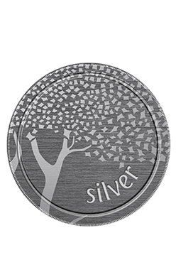 a silver coin with a tree and text